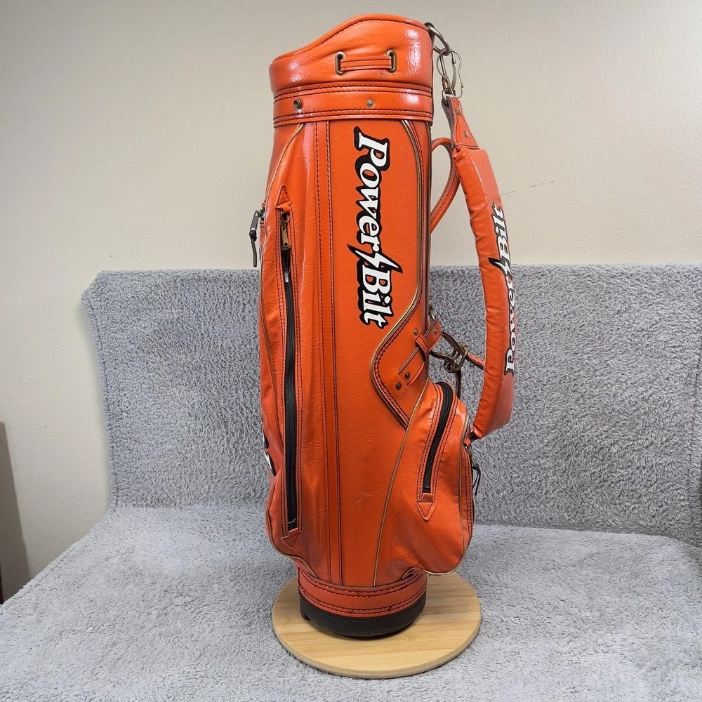 Vintage PowerBilt H & B Staff Golf Carry Bag Mens Orange Faux Leather 6-Way Hood